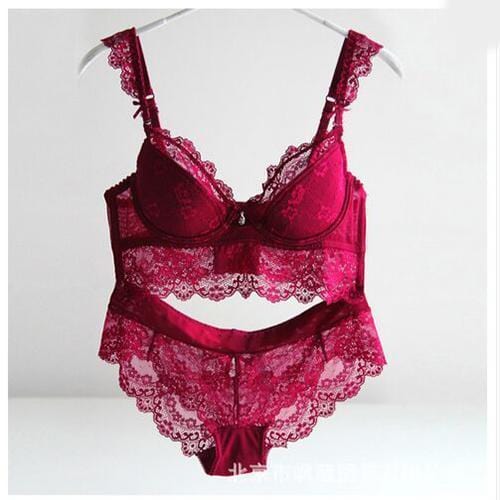 Women Padded Seamless Lace Push Up Bra And Lace Mid Rise Panties Set-Red-70A-JadeMoghul Inc.