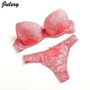 Women Padded Seamless Nylon Push Up Bra And Lace Low Rise Thongs Set-Red-75B-JadeMoghul Inc.