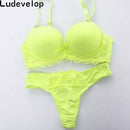 Women's Lingerie - Sheer Lace Push Up Bra And Lace Thongs Set