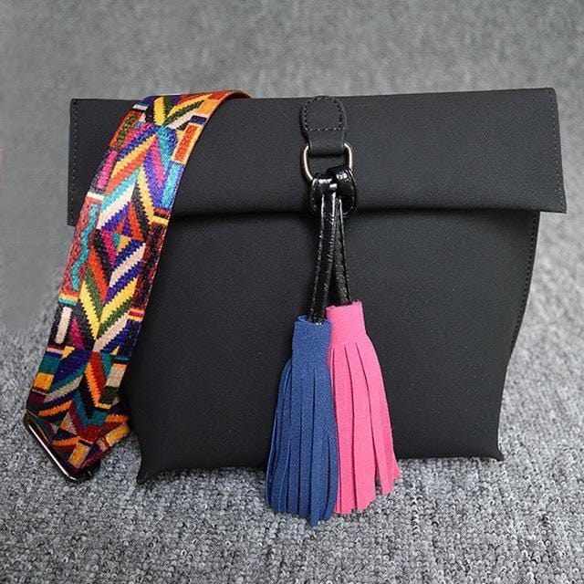 Women Patent Leather Bag With Colorful Shoulder Strap And Tassel Detailing-Black-JadeMoghul Inc.