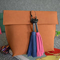 Women Patent Leather Bag With Colorful Shoulder Strap And Tassel Detailing-Brown-JadeMoghul Inc.