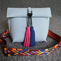 Women Patent Leather Bag With Colorful Shoulder Strap And Tassel Detailing-gray blue-JadeMoghul Inc.