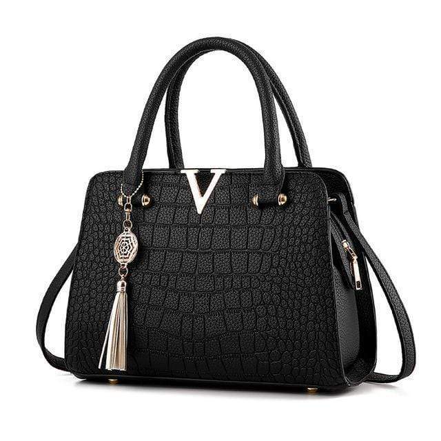 Women Patent Leather Crocodile Embossed Bag With Tassel Charm AExp
