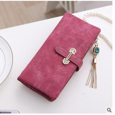 Women Patent Leather Wallet With Metal Chain Tassel Detailing-long rose red-JadeMoghul Inc.