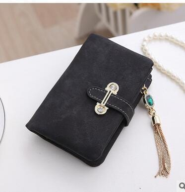 Women Patent Leather Wallet With Metal Chain Tassel Detailing-short black-JadeMoghul Inc.