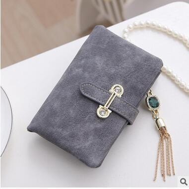 Women Patent Leather Wallet With Metal Chain Tassel Detailing-short gray-JadeMoghul Inc.