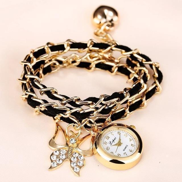 Women Pearls Crystal And Charm Luxury Bracelet Quartz Watch-Black 1-JadeMoghul Inc.