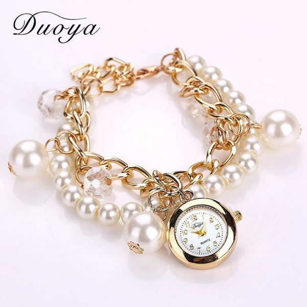 Women Pearls Crystal And Charm Luxury Bracelet Quartz Watch-Black-JadeMoghul Inc.