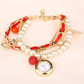 Women Pearls Crystal And Charm Luxury Bracelet Quartz Watch-Red-JadeMoghul Inc.