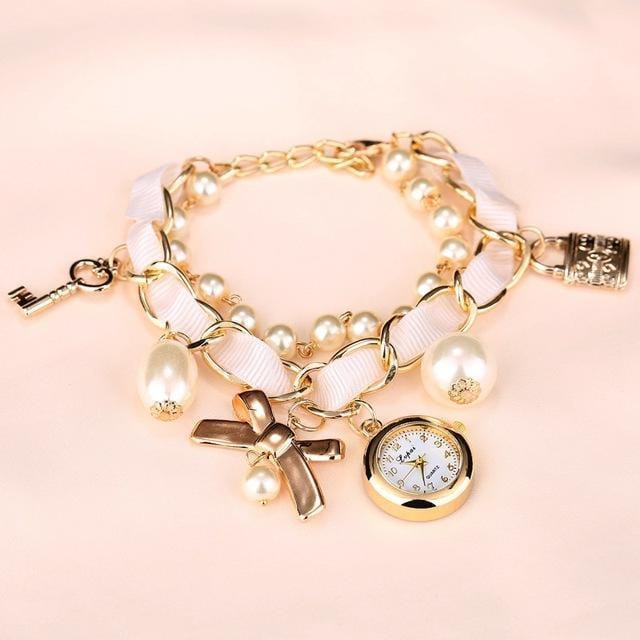 Women Pearls Crystal And Charm Luxury Bracelet Quartz Watch-White 3-JadeMoghul Inc.