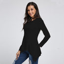 Women Peplum Waist Solid color Assymmetrical Shirt Top-Black Long Sleeve-S-JadeMoghul Inc.