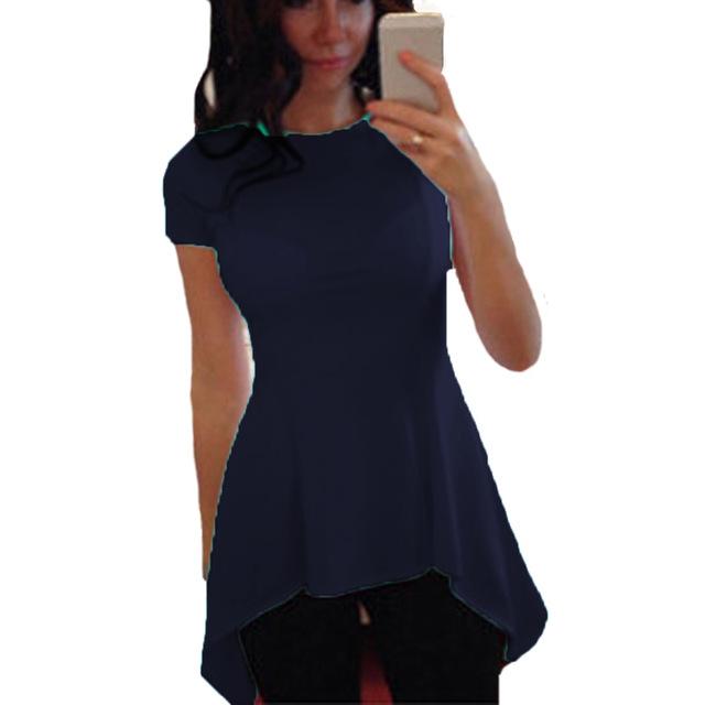 Women Peplum Waist Solid color Assymmetrical Shirt Top-Navy-S-JadeMoghul Inc.