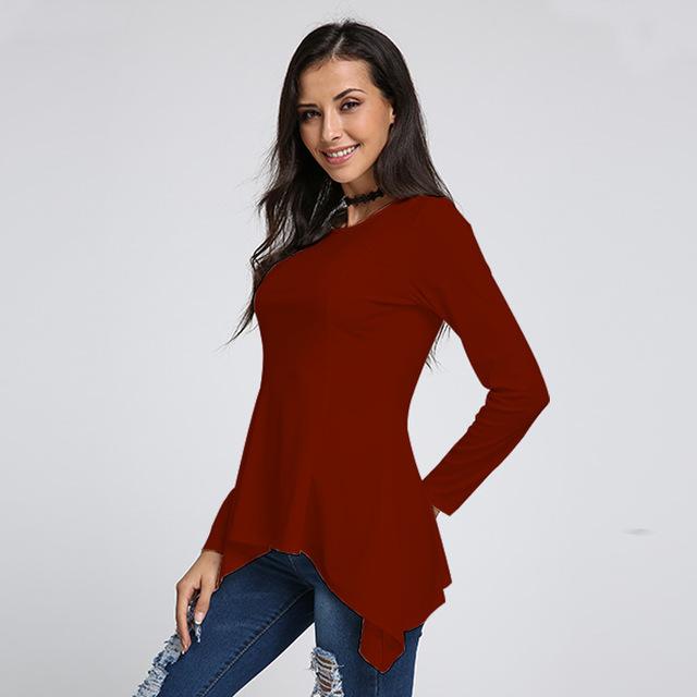 Women Peplum Waist Solid color Assymmetrical Shirt Top-Red Long Sleeve-S-JadeMoghul Inc.