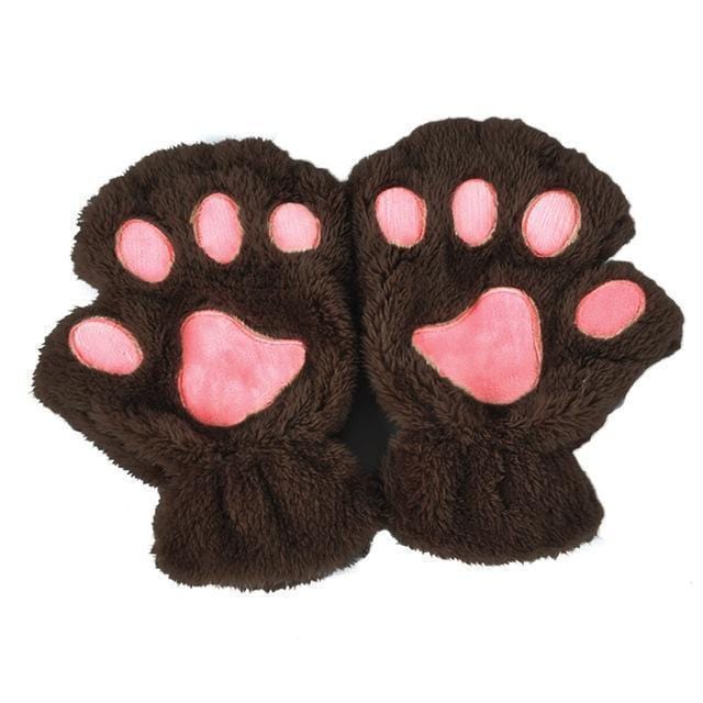 Women Plush Animal Paw Design Finger Less Gloves-Dark Coffee-JadeMoghul Inc.