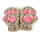 Women Plush Animal Paw Design Finger Less Gloves-Light Coffee-JadeMoghul Inc.