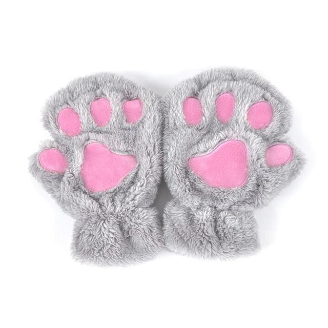 Women Plush Animal Paw Design Finger Less Gloves-Light Grey-JadeMoghul Inc.