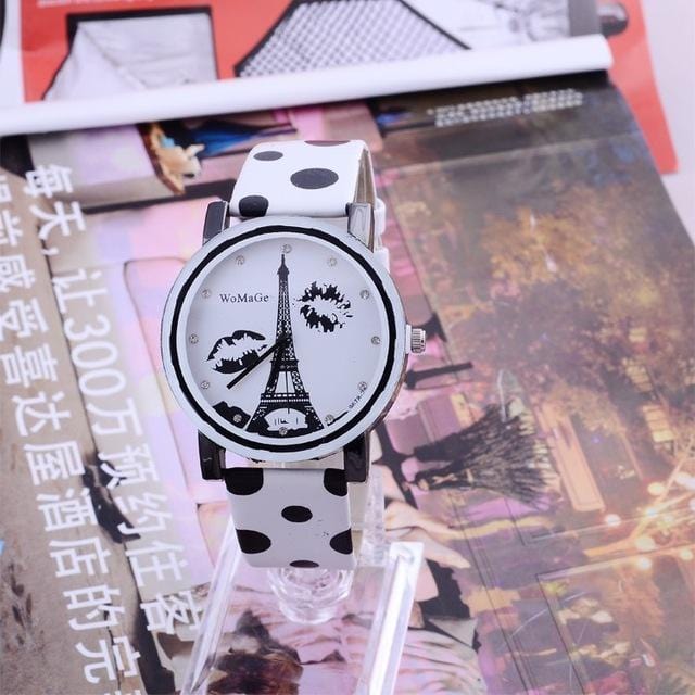 Women Polka Dot Leather Strap Paris Inspired Watch-White-JadeMoghul Inc.