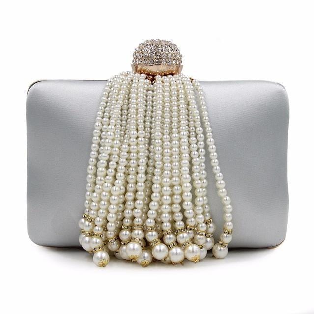 Women Precious Evening Clutch With Luxurious Pearl Tassels-Silver-Mini(Max Length<20cm)-JadeMoghul Inc.