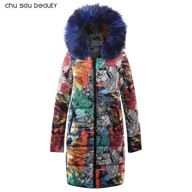 Women Printed long Winter Jacket-CY1629BK-BU-S-JadeMoghul Inc.