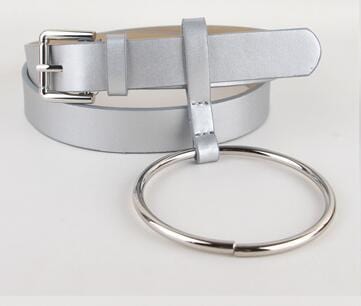 Women PU Leather Slim Belt With Decorative Heavy Metal Loop-all silver-JadeMoghul Inc.