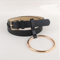 Women PU Leather Slim Belt With Decorative Heavy Metal Loop-black gold-JadeMoghul Inc.