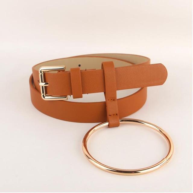 Women PU Leather Slim Belt With Decorative Heavy Metal Loop-brown gold-JadeMoghul Inc.
