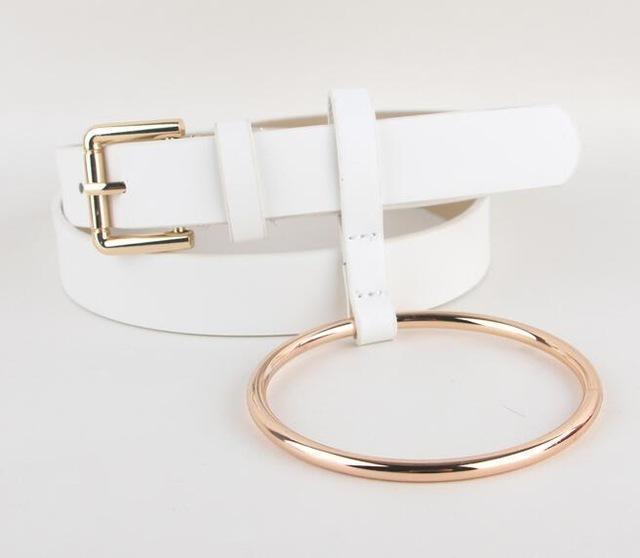 Women PU Leather Slim Belt With Decorative Heavy Metal Loop-white gold-JadeMoghul Inc.