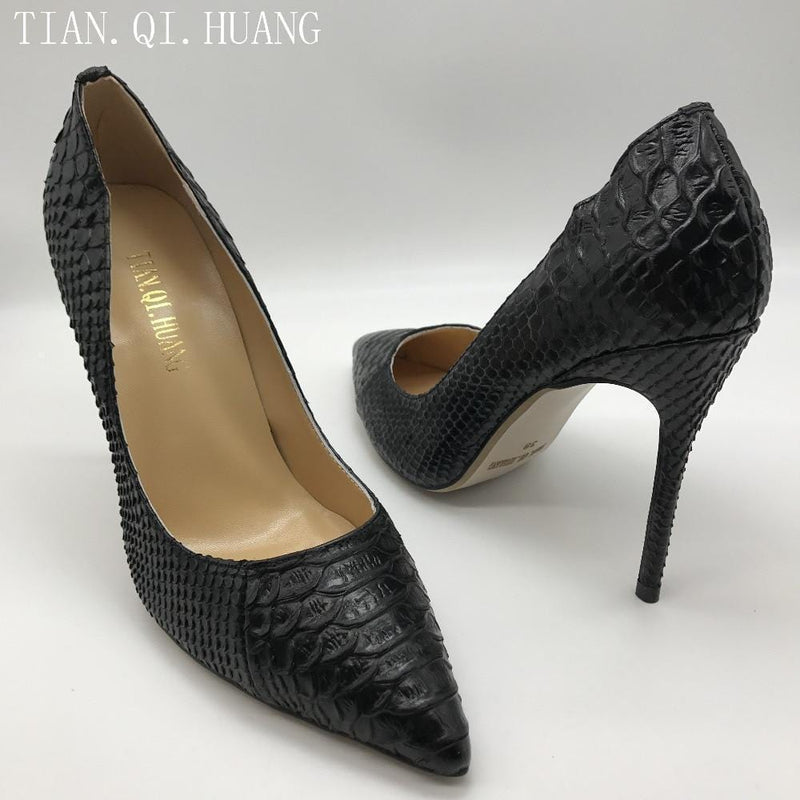 Women Pumps Fashion Design High Heels Shoes High Quality Snake Pattern Styles Genuine leather Casual Shoes Woman-Black-4-JadeMoghul Inc.