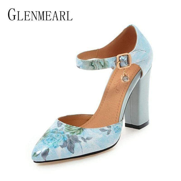 Women Pumps High Heels Woman Shoes Brand Spring Pointed Toe Ankle Strap Pumps Flower Thick Heel Wedding Shoes Plus Size 45