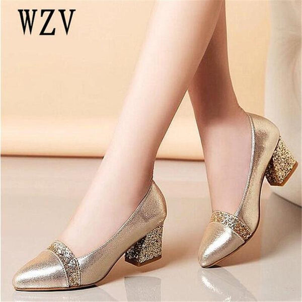 Women Pumps Sweet Style Square High Heel sequins Pointed Toe Spring and Autumn Elegant Shallow Ladies Shoes Size 34-41 E058-Black-4-JadeMoghul Inc.