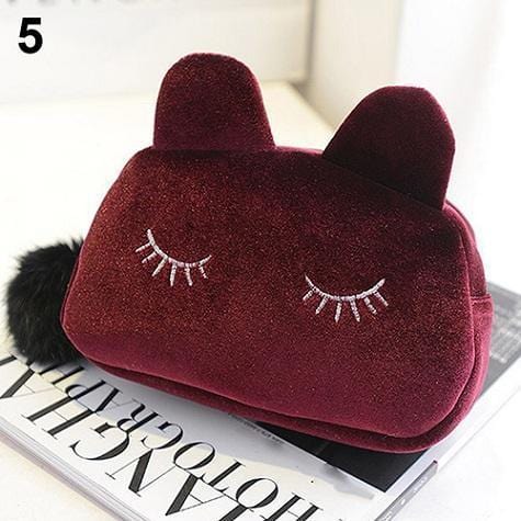 Women Purse Children's Kids Bag Cartoon Cat Makeup Flannel Pouch Cosmetic Bag monedero gato 9IF7-Wine Red-JadeMoghul Inc.