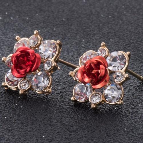 Women Rhinestone Crystal And Rose Flower Stud Earrings-E-JadeMoghul Inc.