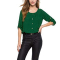 Women Round Neck Pleated Button Decor Chiffon Shirt Top