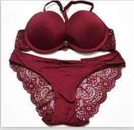 Women Satin And Lace Padded Push Up Bra And Lined Lace Seamless Panties Set
