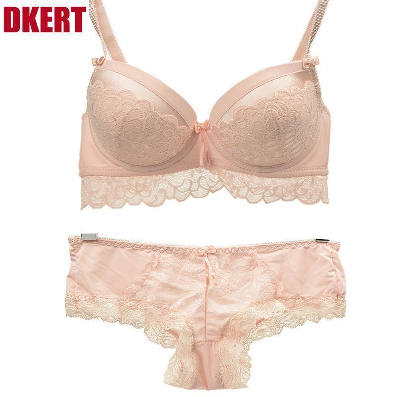 Women Satin And Lace Padded Push Up Bra And Lined Lace Seamless Panties Set-Beige-A-34-JadeMoghul Inc.