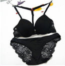 Women Satin And Lace Padded Push Up Bra And Lined Lace Seamless Panties Set-Black-A-32-JadeMoghul Inc.