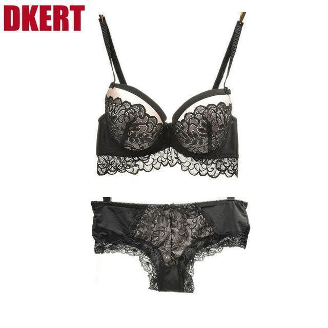Women Satin And Lace Padded Push Up Bra And Lined Lace Seamless Panties Set-Black-A-34-JadeMoghul Inc.