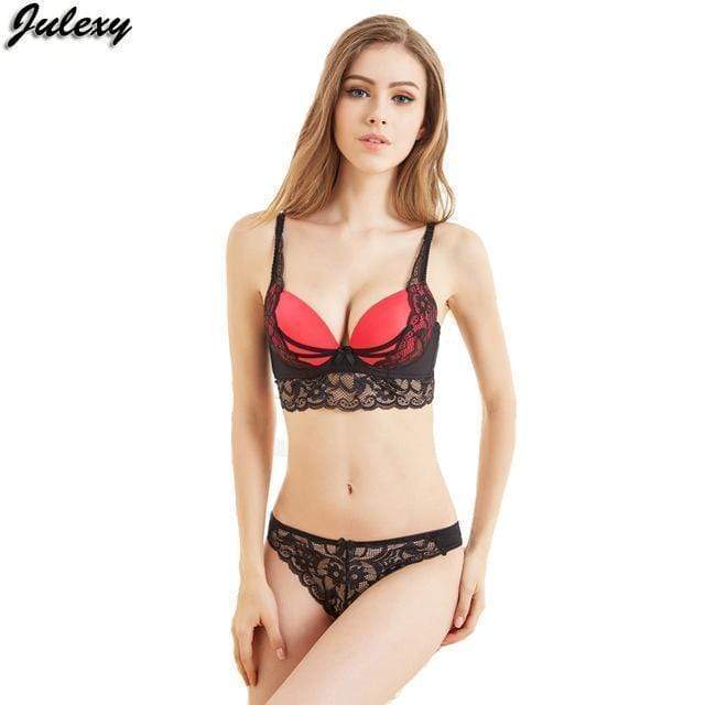 Women Satin And Lace Padded Push Up Bra With Straps Design And All Lace Seamless Panties Set