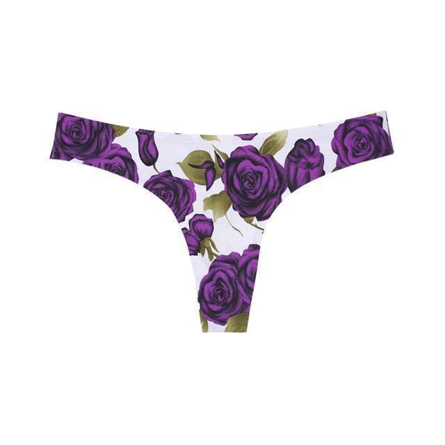 Women Seamless Cotton Brazilian Briefs-Rose Floral Purple-L-JadeMoghul Inc.
