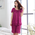 Women Silk Lace Trimmed Night Gown / 2 Piece Short Set-6011fuchsia-M-JadeMoghul Inc.