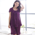 Women Silk Lace Trimmed Night Gown / 2 Piece Short Set-6011purple-M-JadeMoghul Inc.