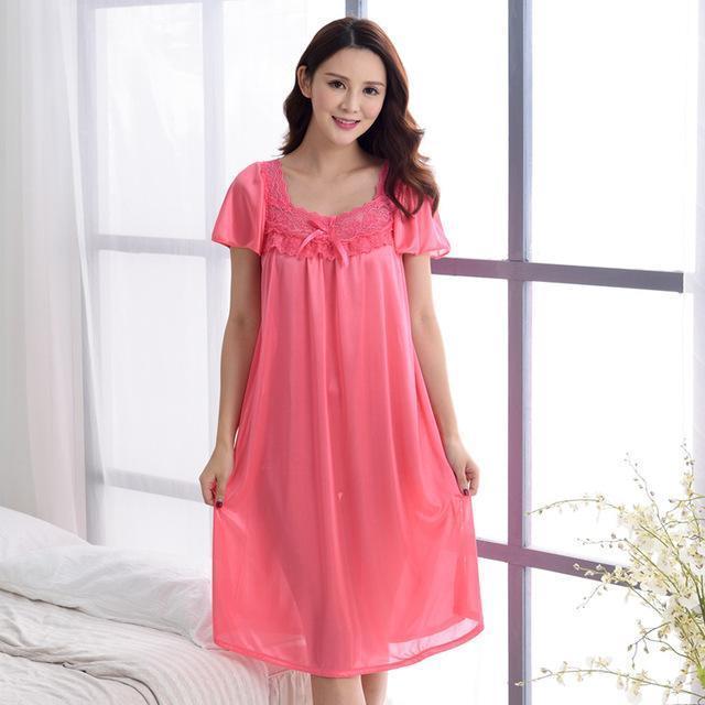 Women Silk Lace Trimmed Night Gown / 2 Piece Short Set-601Watermelon red-M-JadeMoghul Inc.