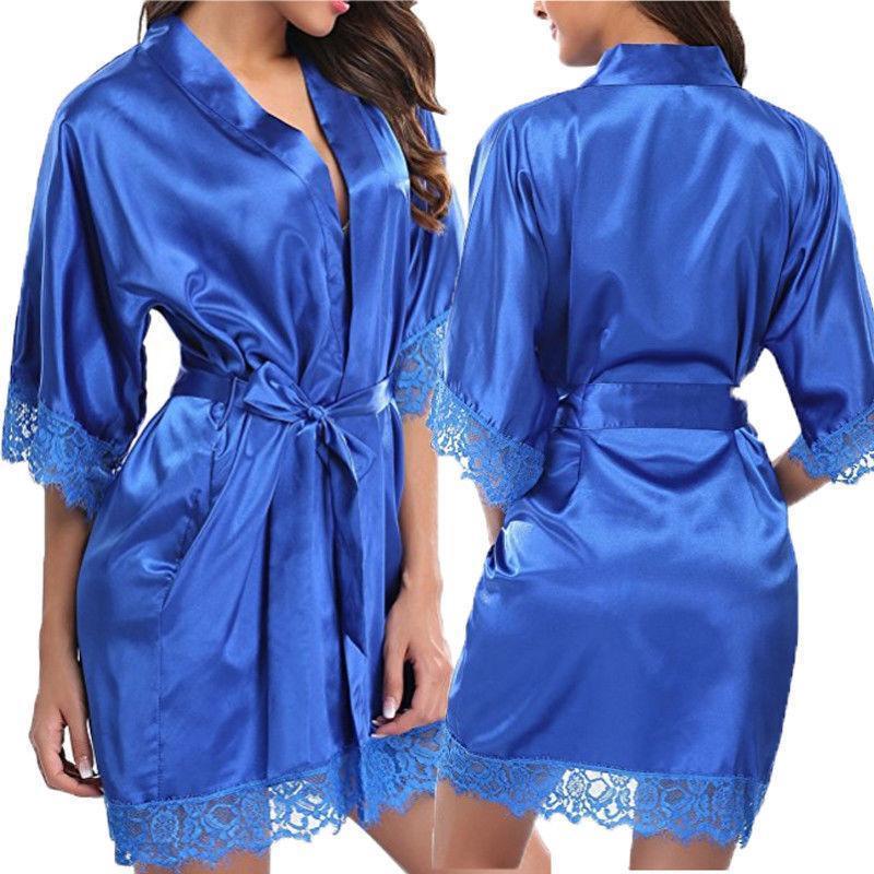 Women Silk Satin Sexy Soft Comfortable Kimono Robe Half Sleeve V Neck Lace-Black-JadeMoghul Inc.