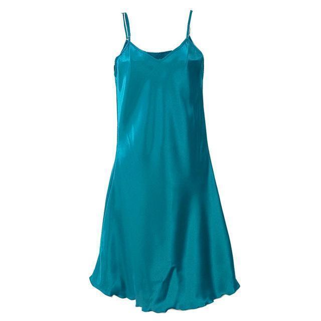 Women Silk Thin Strap Night Gown In Solid Colors-Peacock blue-S-JadeMoghul Inc.