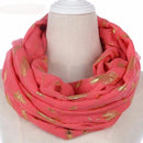 Women Silver Feather Printed Infinity Scarf-watermelon red gold-JadeMoghul Inc.