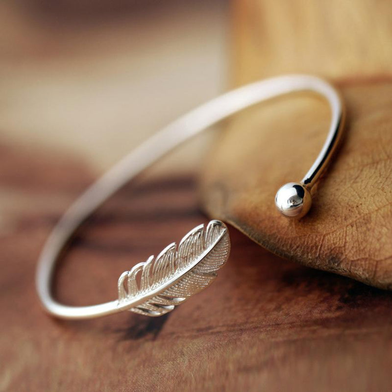 Women Simple Design Real Pure 925 Sterling Silver Feather And Ball Cuff Bracelet--JadeMoghul Inc.