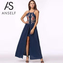 Women Sleeveless Embroidered Maxi Dress With Front Open Slit