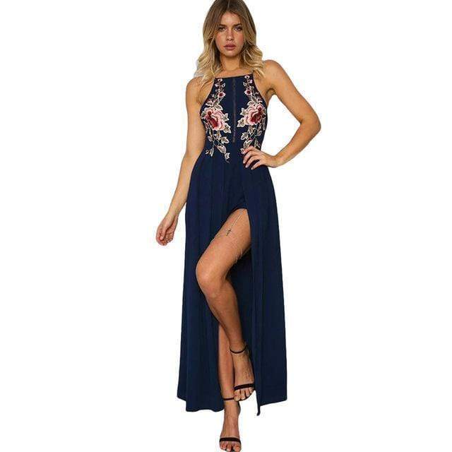 Women Sleeveless Embroidered Maxi Dress With Front Open Slit