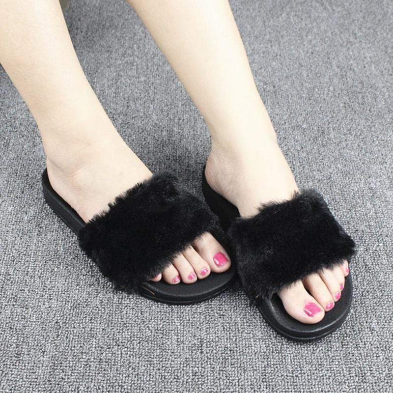 Women Slippers Flock Fashion Spring Summer Autumn Home Plush Slippers Women Faux Fur Slides Flip Flops Flat Shoes Size 36-40