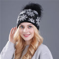 Women Snow Flake Print Hat With Real Rabbit Fur Pom Pom Trim-black hat pom-JadeMoghul Inc.